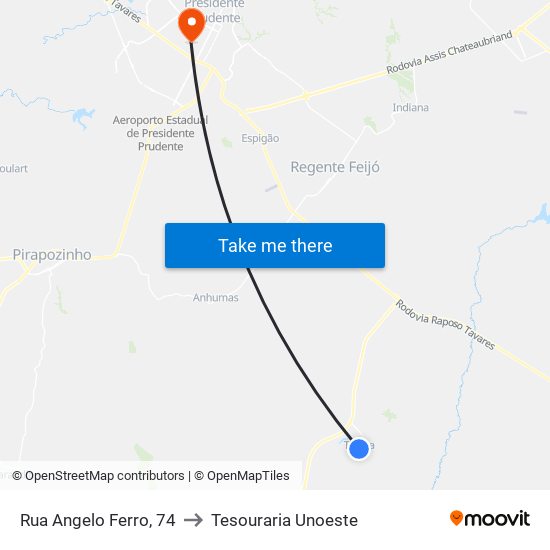 Rua Angelo Ferro, 74 to Tesouraria Unoeste map