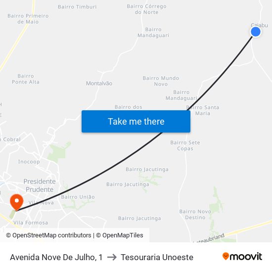 Avenida Nove De Julho, 1 to Tesouraria Unoeste map