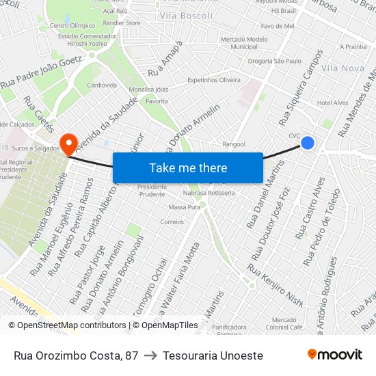 Rua Orozimbo Costa, 87 to Tesouraria Unoeste map