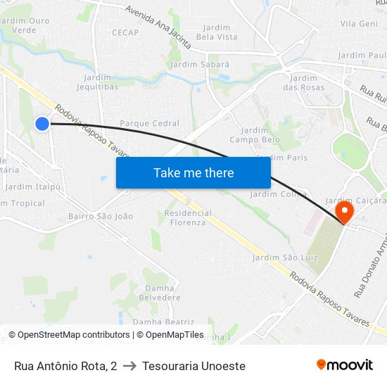 Rua Antônio Rota, 2 to Tesouraria Unoeste map