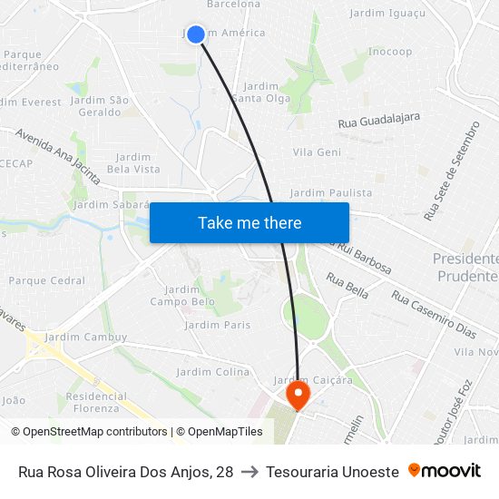 Rua Rosa Oliveira Dos Anjos, 28 to Tesouraria Unoeste map