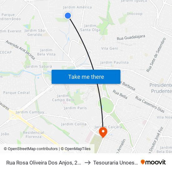 Rua Rosa Oliveira Dos Anjos, 270 to Tesouraria Unoeste map