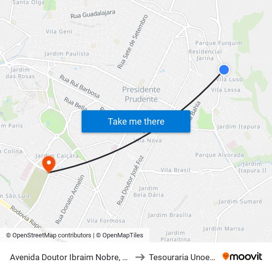 Avenida Doutor Ibraim Nobre, 971 to Tesouraria Unoeste map