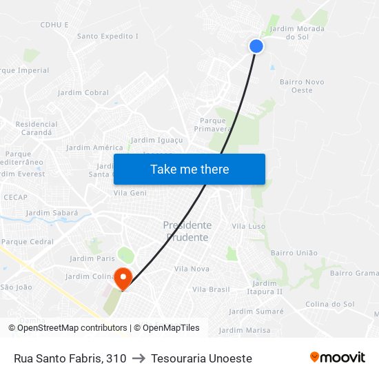 Rua Santo Fabris, 310 to Tesouraria Unoeste map