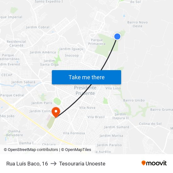 Rua Luís Baco, 16 to Tesouraria Unoeste map