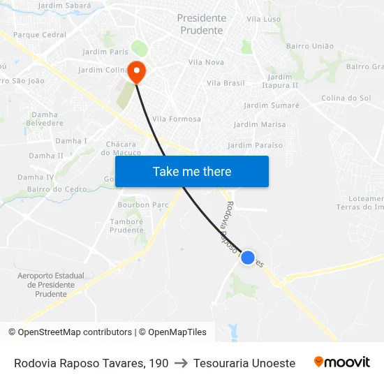 Rodovia Raposo Tavares, 190 to Tesouraria Unoeste map