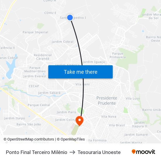 Ponto Final Terceiro Milênio to Tesouraria Unoeste map