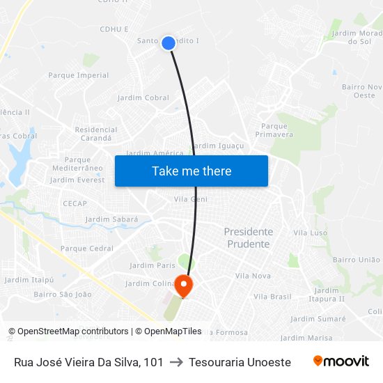 Rua José Vieira Da Silva, 101 to Tesouraria Unoeste map