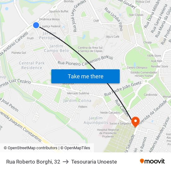 Rua Roberto Borghi, 32 to Tesouraria Unoeste map