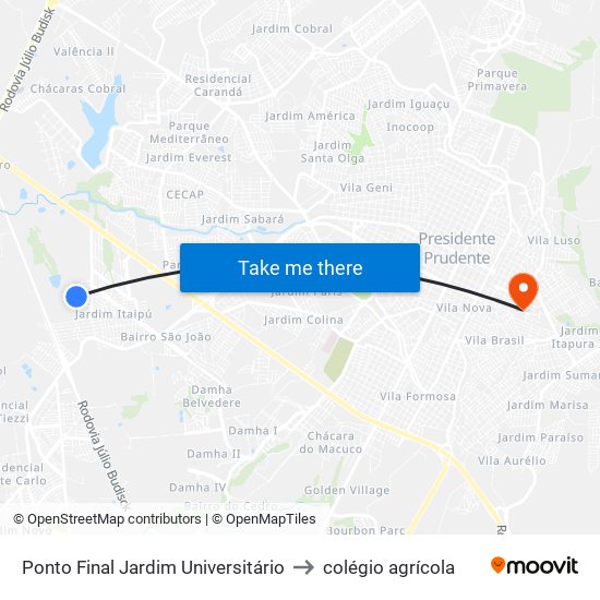 Ponto Final Jardim Universitário to colégio agrícola map