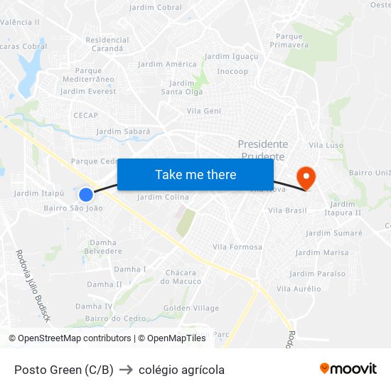 Posto Green (C/B) to colégio agrícola map