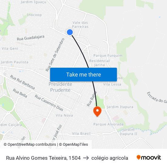 Rua Alvino Gomes Teixeira, 1504 to colégio agrícola map
