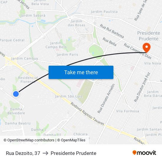 Rua Dezoito, 37 to Presidente Prudente map