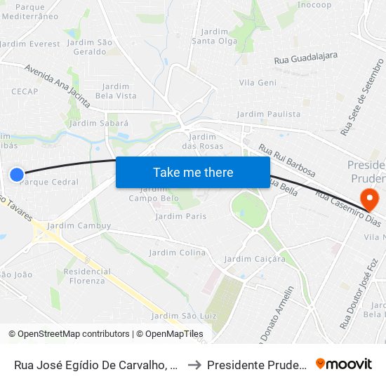 Rua José Egídio De Carvalho, 147 to Presidente Prudente map