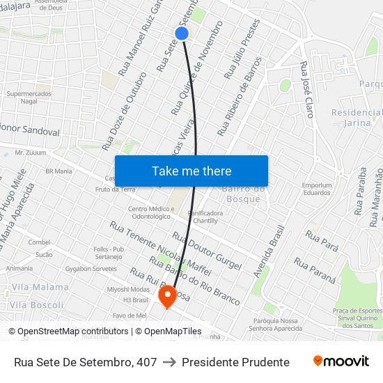 Rua Sete De Setembro, 407 to Presidente Prudente map