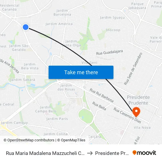 Rua Maria Madalena Mazzucheli Caravina, 707 to Presidente Prudente map