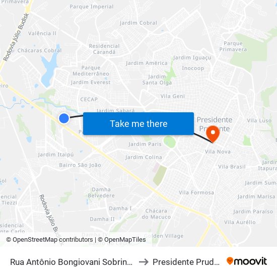 Rua Antônio Bongiovani Sobrinho, 87 to Presidente Prudente map