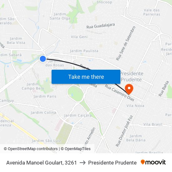 Avenida Manoel Goulart, 3261 to Presidente Prudente map