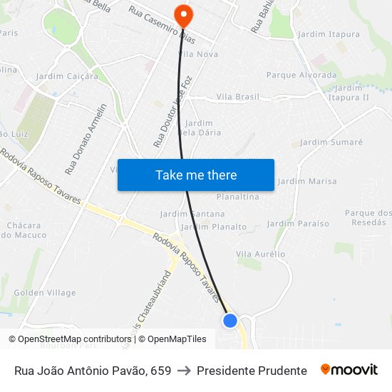 Rua João Antônio Pavão, 659 to Presidente Prudente map