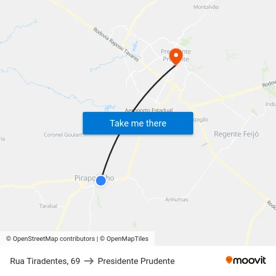 Rua Tiradentes, 69 to Presidente Prudente map
