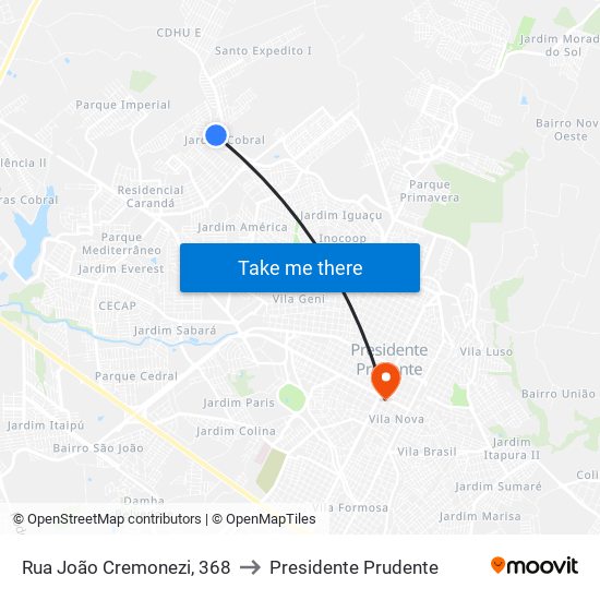 Rua João Cremonezi, 368 to Presidente Prudente map