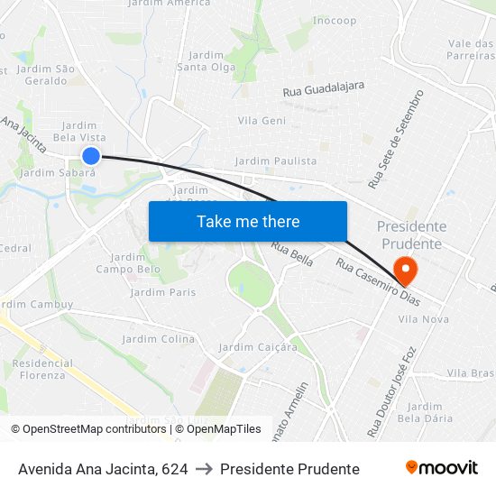 Avenida Ana Jacinta, 624 to Presidente Prudente map