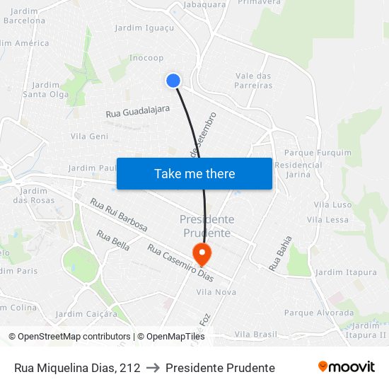 Rua Miquelina Dias, 212 to Presidente Prudente map