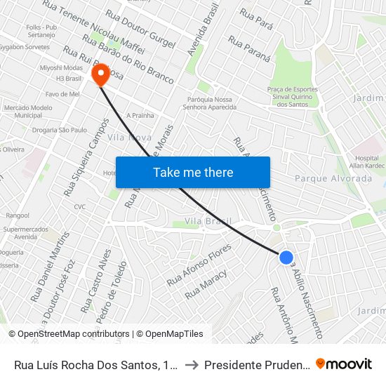 Rua Luís Rocha Dos Santos, 157 to Presidente Prudente map