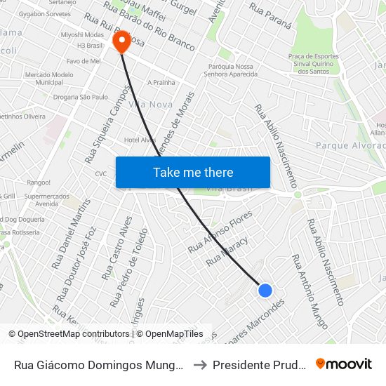 Rua Giácomo Domingos Mungo, 229 to Presidente Prudente map