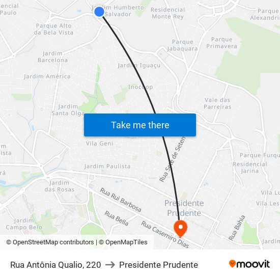 Rua Antônia Qualio, 220 to Presidente Prudente map