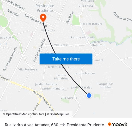 Rua Izidro Alves Antunes, 630 to Presidente Prudente map