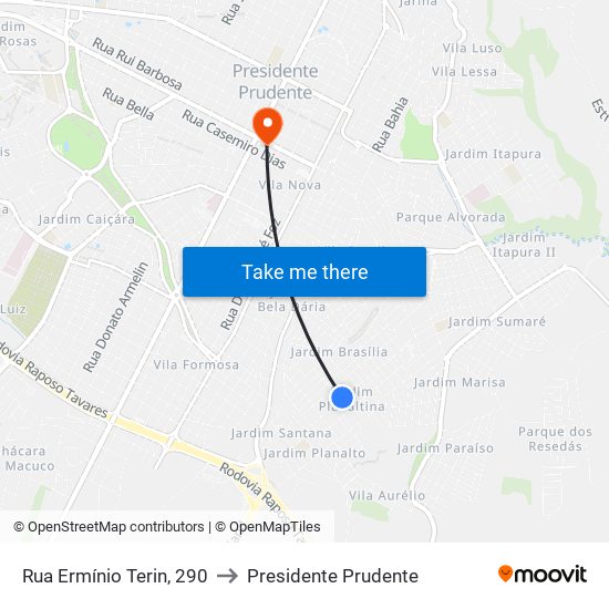 Rua Ermínio Terin, 290 to Presidente Prudente map