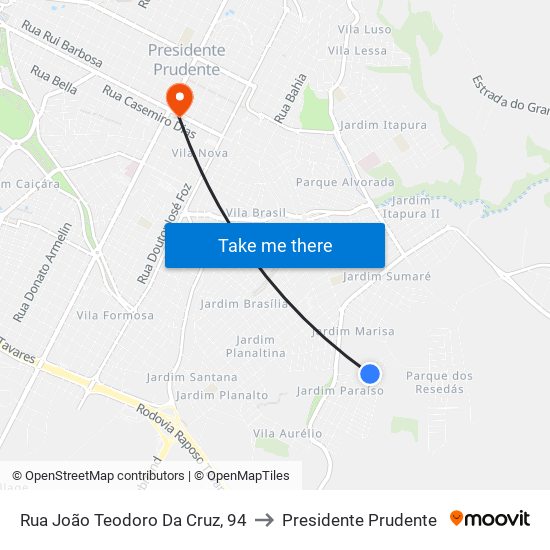 Rua João Teodoro Da Cruz, 94 to Presidente Prudente map