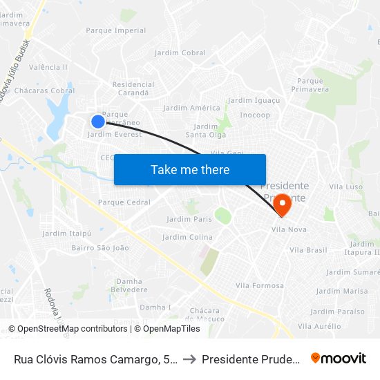 Rua Clóvis Ramos Camargo, 514 to Presidente Prudente map