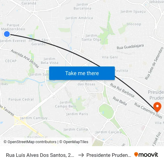 Rua Luís Alves Dos Santos, 282 to Presidente Prudente map
