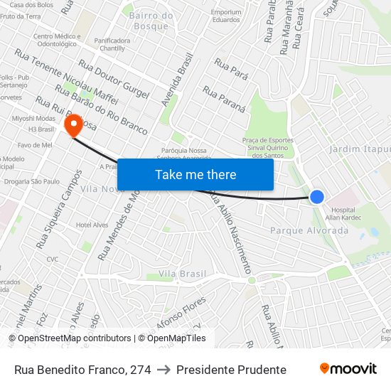 Rua Benedito Franco, 274 to Presidente Prudente map