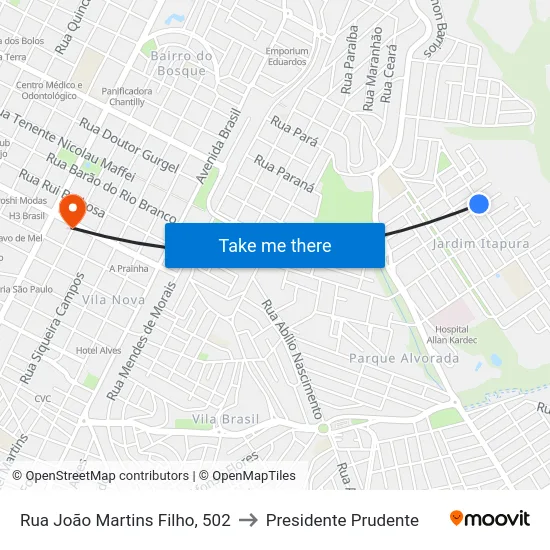 Rua João Martins Filho, 502 to Presidente Prudente map