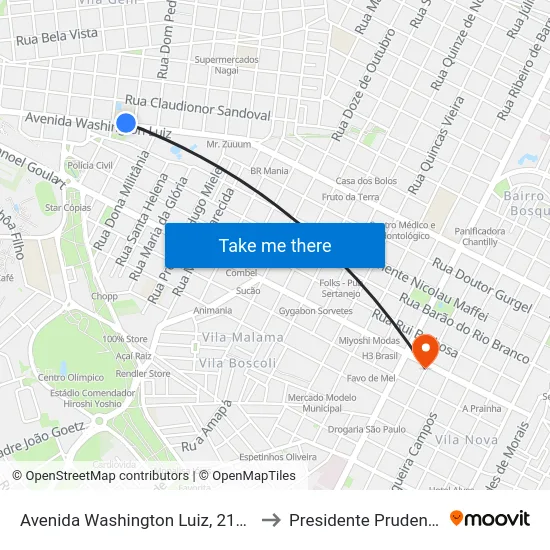 Avenida Washington Luiz, 2173 to Presidente Prudente map