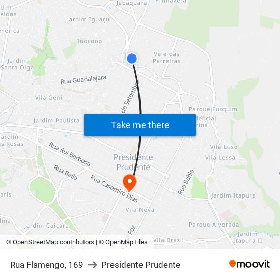 Rua Flamengo, 169 to Presidente Prudente map