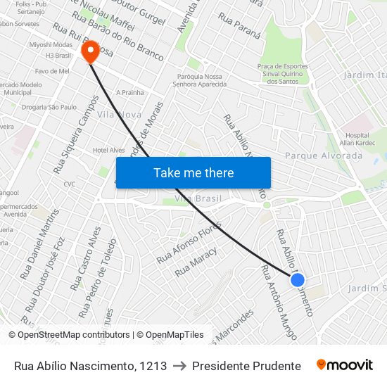 Rua Abílio Nascimento, 1213 to Presidente Prudente map