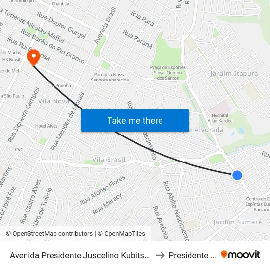 Avenida Presidente Juscelino Kubitschek De Oliveira, 12858 to Presidente Prudente map