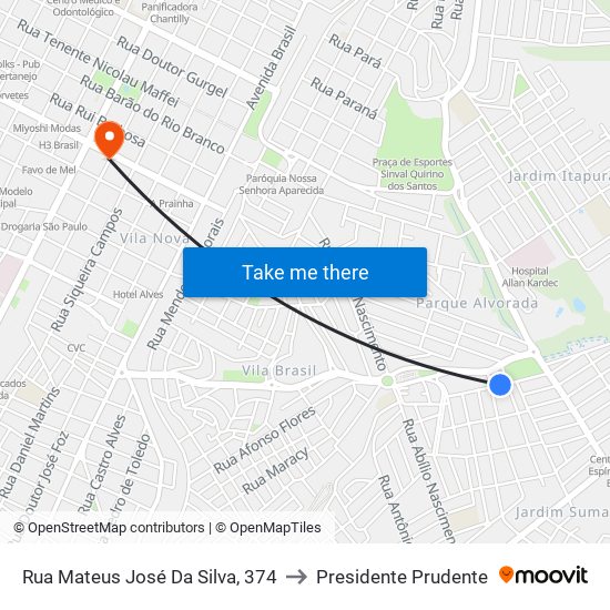 Rua Mateus José Da Silva, 374 to Presidente Prudente map