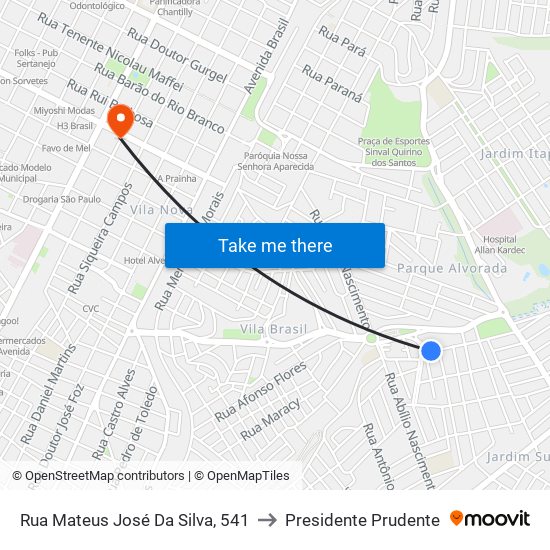 Rua Mateus José Da Silva, 541 to Presidente Prudente map