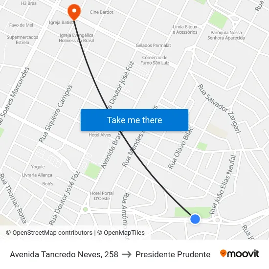 Avenida Tancredo Neves, 258 to Presidente Prudente map