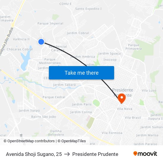 Avenida Shoji Sugano, 25 to Presidente Prudente map