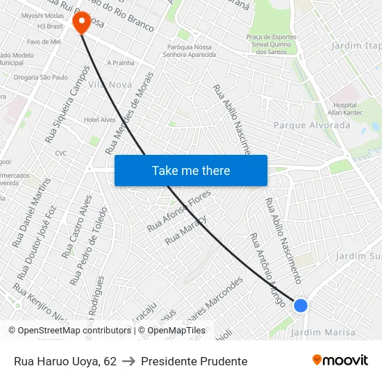 Rua Haruo Uoya, 62 to Presidente Prudente map