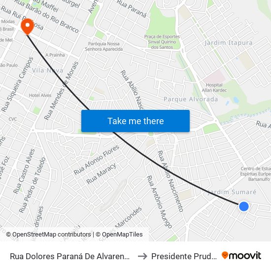 Rua Dolores Paraná De Alvarenga, 482 to Presidente Prudente map