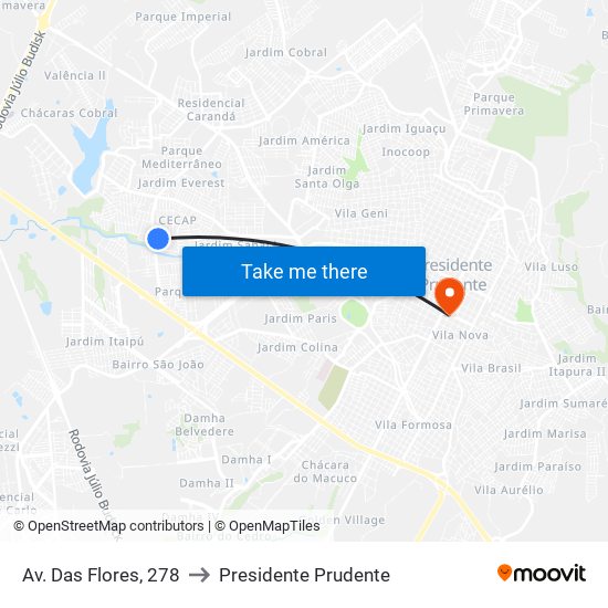 Av. Das Flores, 278 to Presidente Prudente map