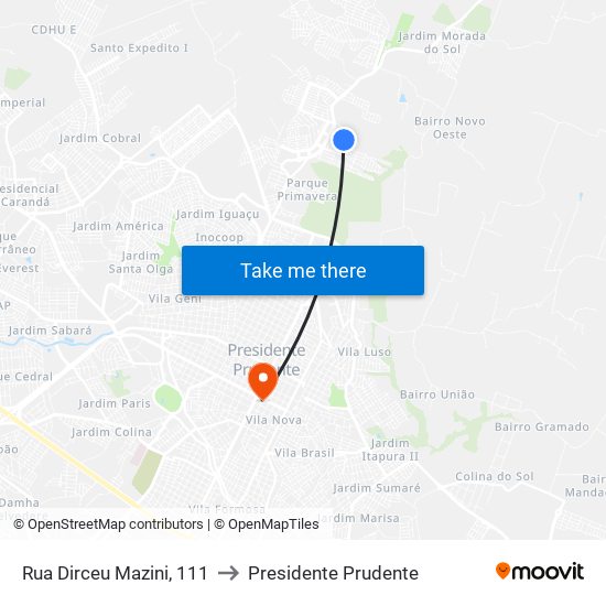 Rua Dirceu Mazini, 111 to Presidente Prudente map