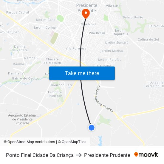 Ponto Final Cidade Da Criança to Presidente Prudente map